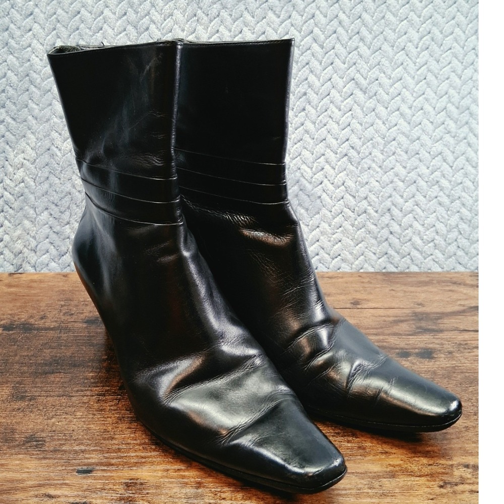 Van Eli Black Leather Square Toe Ankle Boots Kitten Heel Rear Zip Womens 6M